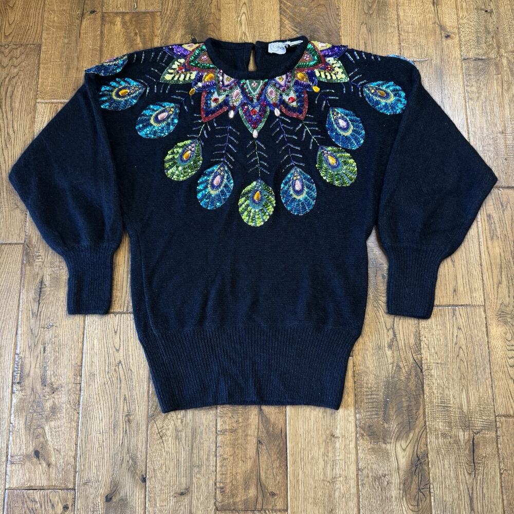 VTG 80’s Cedars Woman Silk Angora Wool Sweater Peacock Feathers Sequin Womens M